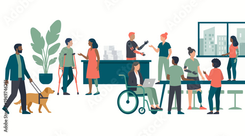 Diverse group of professional office employees and managers with physical disabilities collaborating in modern workspace, concept for inclusive workplace, equal employment and diversity hiring