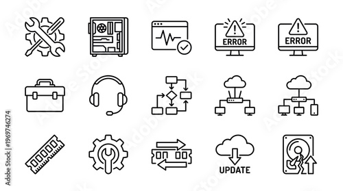 Minimalist black line icons set featuring computer hardware components, IT support tools and system maintenance symbols, concept for technical support, hardware troubleshooting and repair