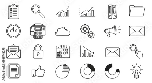 Modern flat line art icons depicting essential business management, financial analysis, marketing communication, and office productivity tools for digital interfaces and corporate projects