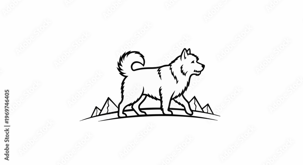 Fototapeta premium Stylized line art of a furry dog walking in front of stylized mountains