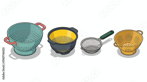 Collection of colorful kitchen colanders and metal mesh sieves in isometric style on white background, concept for culinary equipment catalog, home cooking items and restaurant kitchenware set