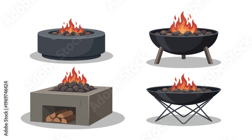 Collection of modern outdoor fire pit designs with burning charcoal and glowing flames on white background, concept for backyard landscaping, patio decoration and camping equipment catalog