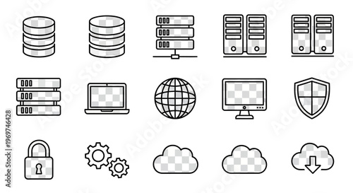 Computer hardware and software icons representing data storage, networking, security, and cloud computing