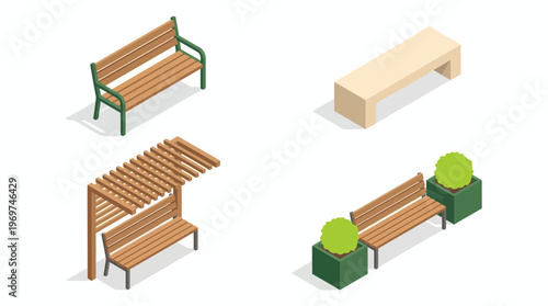 Isometric set of outdoor park benches including wooden seats with pergola and planters on white background, concept for urban landscape planning, architectural visualization and public space design