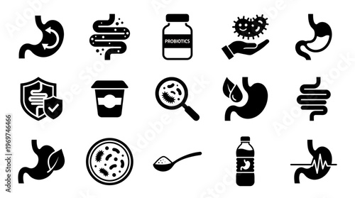 Set of black probiotic and gut health icons featuring stomach, intestine, bacteria and yogurt on white background, concept for medical design, healthcare education and digestive marketing
