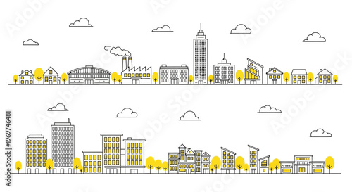 Panoramic city skyline illustration with modern architecture and urban elements