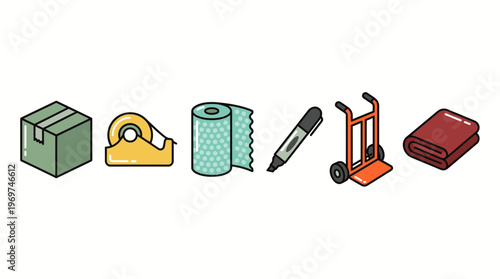Vector illustration of essential moving and packing supplies including cardboard box tape dispenser bubble wrap marker hand truck and blanket, concept for relocation, logistics and moving