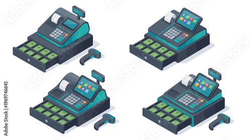 isometric set of electronic cash registers with touch screens and open money drawers containing dollar bills, concept for retail business management, financial accounting and sales tracking
