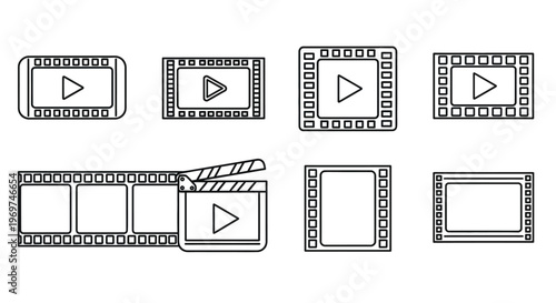Collection of Film Reel and Play Button Icons Representing Video and Cinema