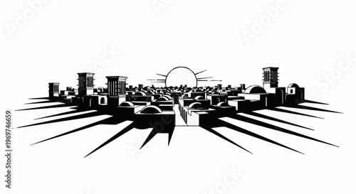 Stylized black and white skyline with ancient-looking buildings and a large sun