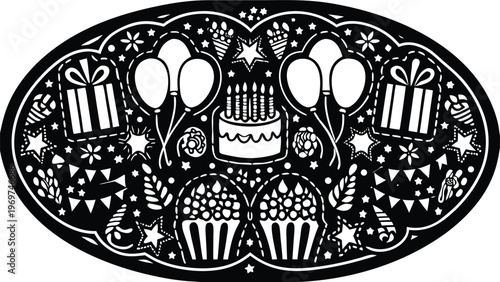 Celebratory design featuring balloons cake presents and festive decorations high quality