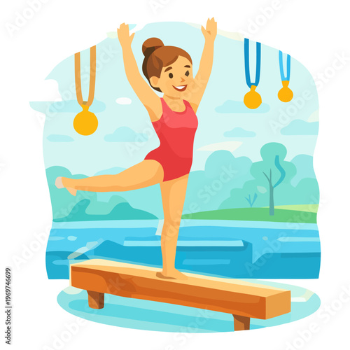 Flat vector illustration of female gymnast balancing on beam with medals, achievement and sport success concept