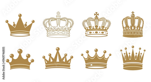 Elegant collection of golden crown vectors showcasing diverse regal designs, perfect for luxury branding, majestic emblems, or sophisticated decorative graphic elements