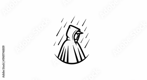 Stylized figure in a hooded cloak, standing in falling rain