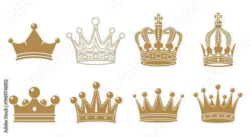 A majestic collection of ornate royal crowns in golden hues, showcasing vintage elegance and symbolic power, perfect for regal design elements and luxurious visual projects
