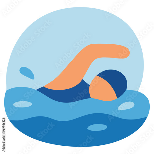 Flat vector illustration of swimmer performing freestyle stroke in water, aquatic sport and fitness concept