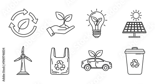 Eco-friendly vector icons for environmental sustainability. Features symbols like recycling, renewable energy, green transport, and nature, promoting responsible practices for a better world