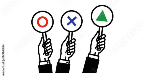 Conceptual graphic of hands holding up various symbol signs for selection, evaluation, and feedback in a decision-making or survey process