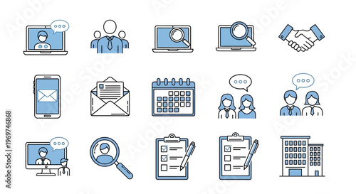 Set of icons representing business, communication, and job search processes, including meetings, job applications, and online recruitment