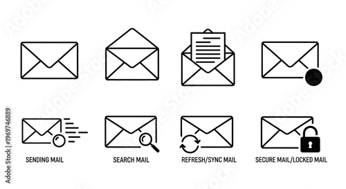 Set of email icons depicting sending, searching, refreshing, and locked mail, representing communication and digital correspondence
