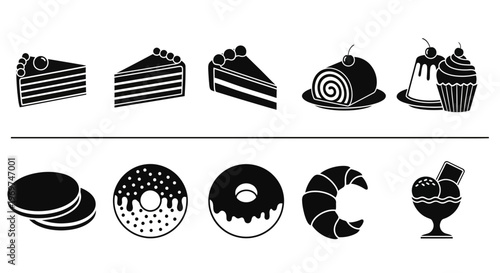 Diverse confectionery icons featuring cakes, donuts, pastries, and frozen treats, crafted in a simple silhouette style for delightful menu designs and sweet shop branding