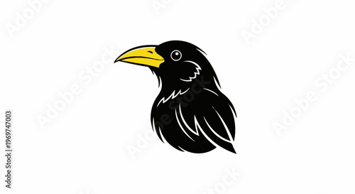 Stylized black bird with bright yellow beak on a white background