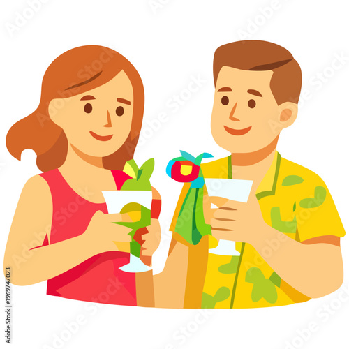 Flat vector illustration of couple holding drinks and relaxing on vacation, summer leisure concept