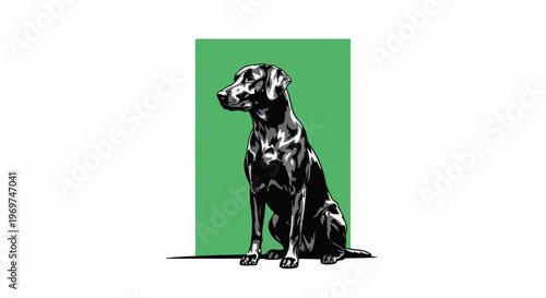 Stylized black dog sits attentively against a green rectangular background