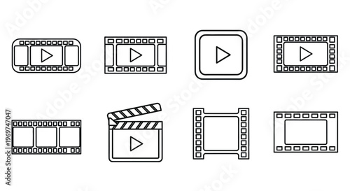 Collection of film reel and movie clapper icons representing cinema and video production