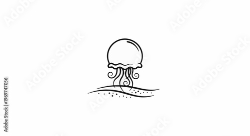 Stylized black ink drawing of a jellyfish floating above a wavy line