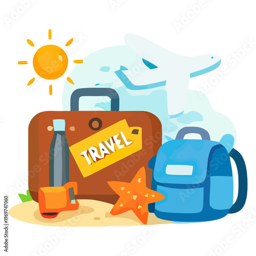 Flat vector illustration of travel suitcase with airplane and backpack, tourism and journey concept