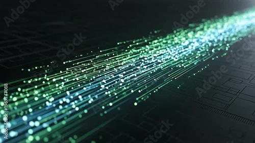 Abstract digital stream of glowing particles moving forward on a dark background