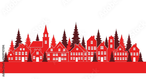 Charming festive town skyline illustration featuring classic red and white buildings nestled among evergreen trees, evoking a cozy winter holiday atmosphere