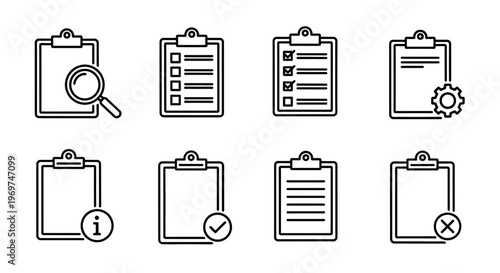 Checklist and task management icons including search, information, confirmation, and exclusion symbols