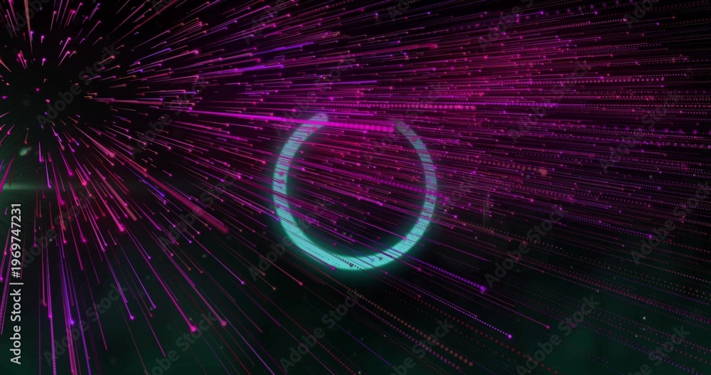 Fototapeta premium Pulsing luminous cyan ring crossing magenta and purple streaks in data visualization space