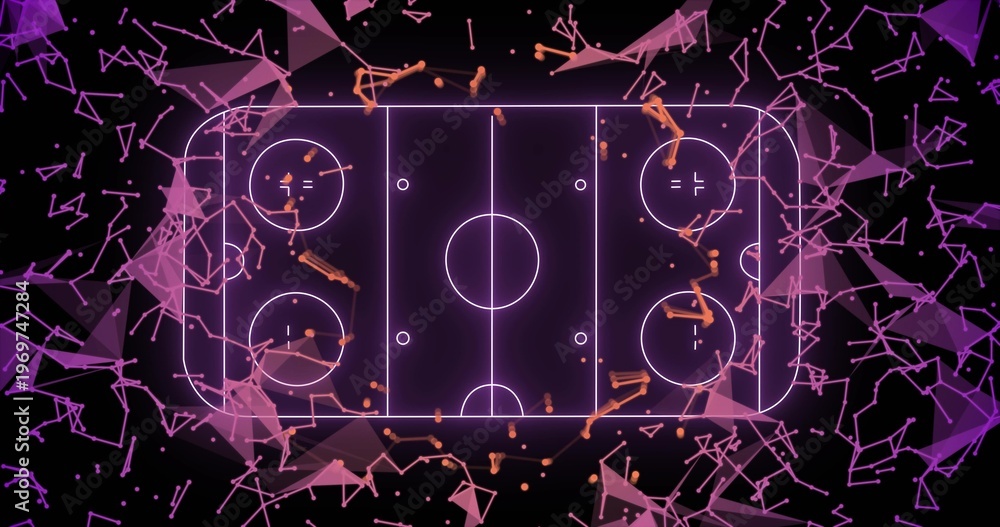 Fototapeta premium Displaying neon topdown ice hockey rink diagram floating in digital space, with orange particles