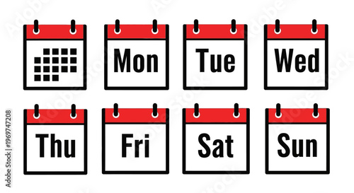 Set of modern calendar icons depicting the days of the week and a general date grid, ideal for scheduling, planning, and time management applications, representing daily appointments 