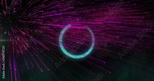 Pulsing luminous cyan ring crossing magenta and purple streaks in data visualization space