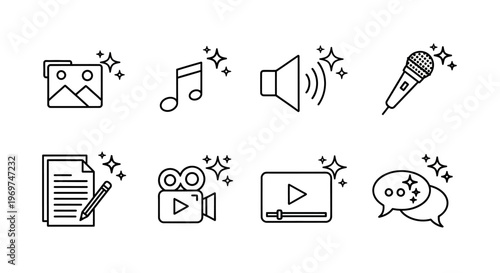 Aesthetic collection of clean outline icons representing digital media content creation, communication tools, and multimedia production with sparkling accents