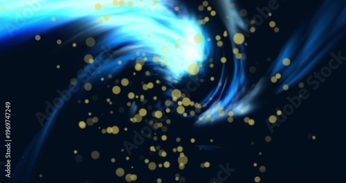 Swirling central turquoise vortex curling into navy void, with cyan trails and golden particles