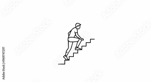 Stylized line drawing of a person ascending stairs, motion implied