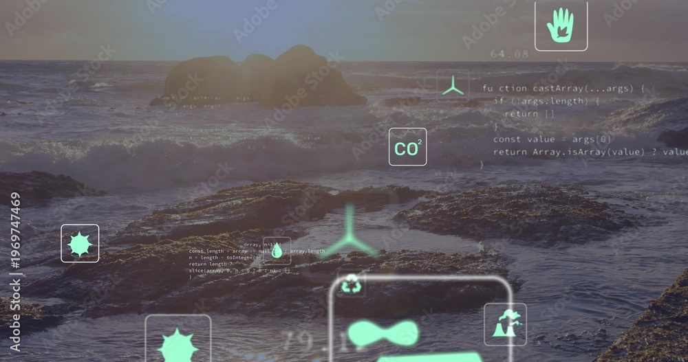 Fototapeta premium Breaking waves and rocky tidal pools reflecting low sun on shore, showing CO2 recycling icons
