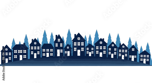 A charming row of blue houses and evergreen trees creates a picturesque suburban neighborhood scene