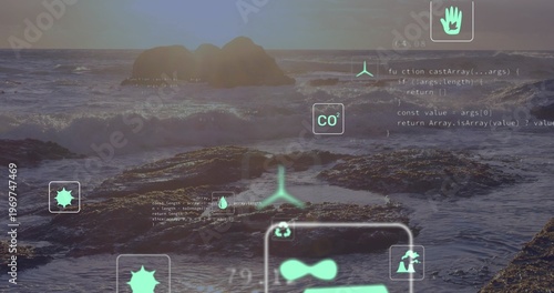 Breaking waves and rocky tidal pools reflecting low sun on shore, showing CO2 recycling icons