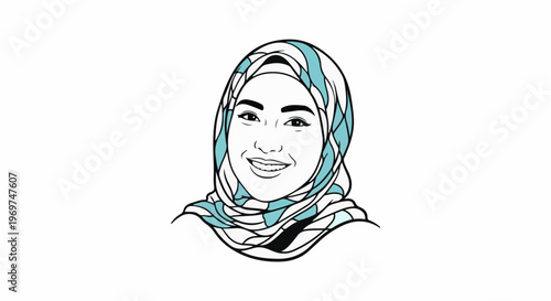 Stylized graphic illustration of a smiling young woman wearing a patterned hijab