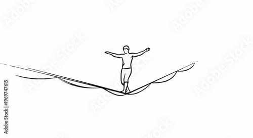 Stylized line drawing of a person walking a tightrope, arms outstretched for balance