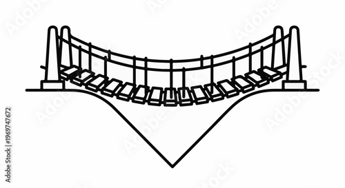 Stylized black line drawing of a suspension bridge with segmented walkway and supports
