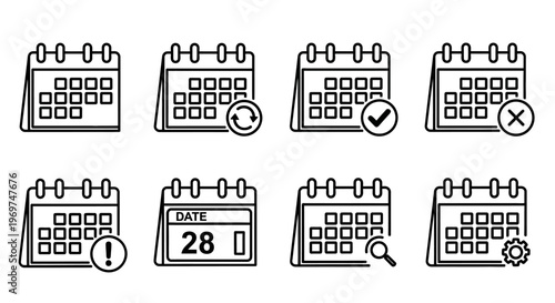 A comprehensive collection of outline calendar icons, perfect for representing diverse scheduling, event management, date tracking, and task planning functionalities 