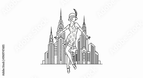 Stylized flapper dancer poses in front of art deco skyscrapers