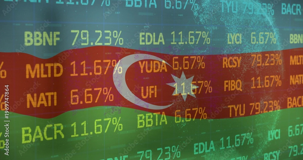 Fototapeta premium Displaying Azerbaijani flag emblem overlaying translucent market tickers and percentages on screen